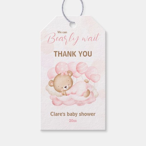 Pink We Can Bearly Wait Bear Baby Shower Gift Tags