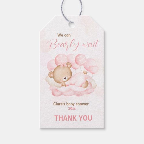 Pink We Can Bearly Wait Bear Baby Shower Gift Tags