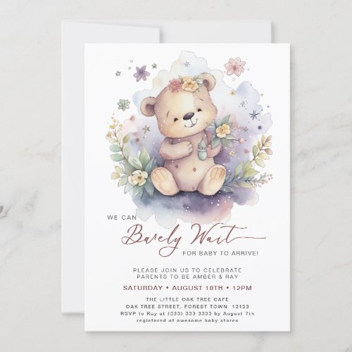 Pink We Can Bearly Wait Cute Girl Baby Shower Invitation