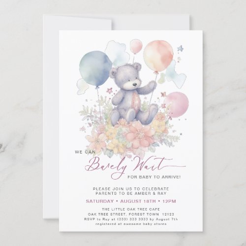 Pink We Can Bearly Wait Cute Girl Baby Shower Invitation