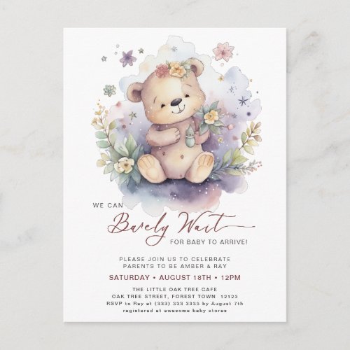 Pink We Can Bearly Wait Cute Girl Baby Shower Invitation Postcard