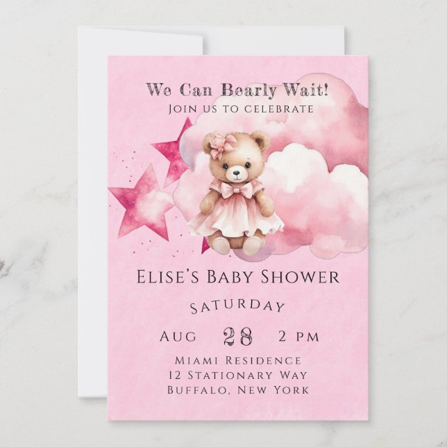 Pink We Can Bearly Wait Girl Baby Shower Invitation (Front)