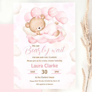 Pink We Can Bearly Wait Girl Bear Baby Shower Invitation
