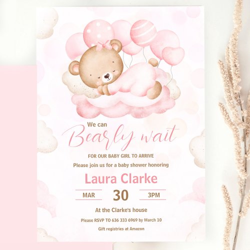 Pink We Can Bearly Wait Girl Bear Baby Shower Invitation