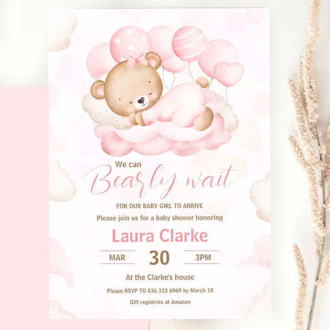 Pink We Can Bearly Wait Girl Bear Baby Shower Invitation | Zazzle