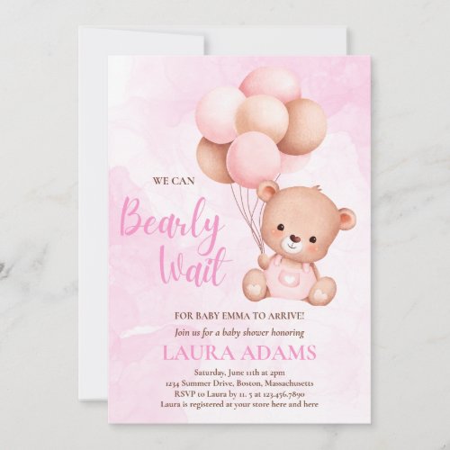 Pink We Can Bearly Wait Girl  Bear Baby Shower  Invitation
