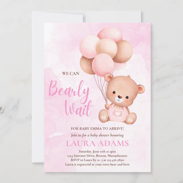Pink We Can Bearly Wait Girl Bear Baby Shower Invitation | Zazzle