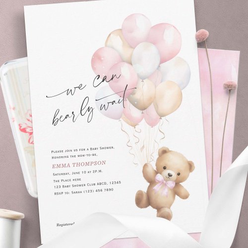 Pink We Can Bearly Wait Simple Baby Girl Shower Invitation