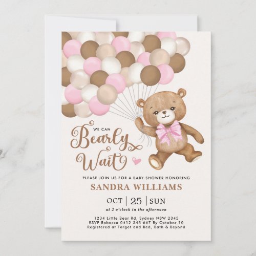 Pink We Can Bearly Wait Teddy Bear Baby Shower Invitation