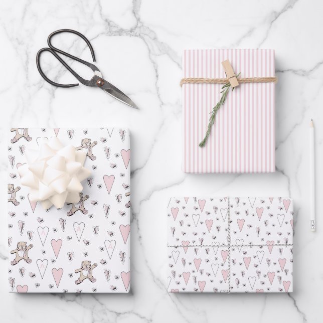 Pink We Can Bearly Wait Teddy Bear Baby Shower Wrapping Paper Sheets (Front)