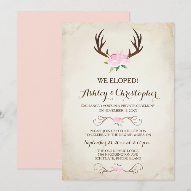 Pink We Got Married Invitation Rustic Deer Antlers (Front/Back)