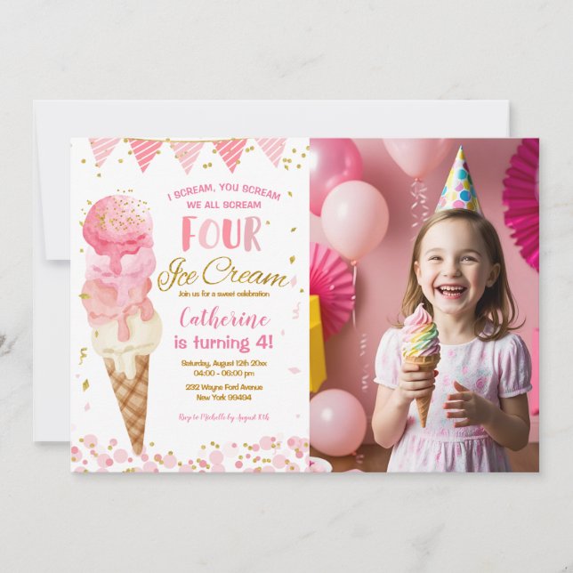 Pink We Scream Four Ice Cream 4th Birthday Photo Invitation (Front)