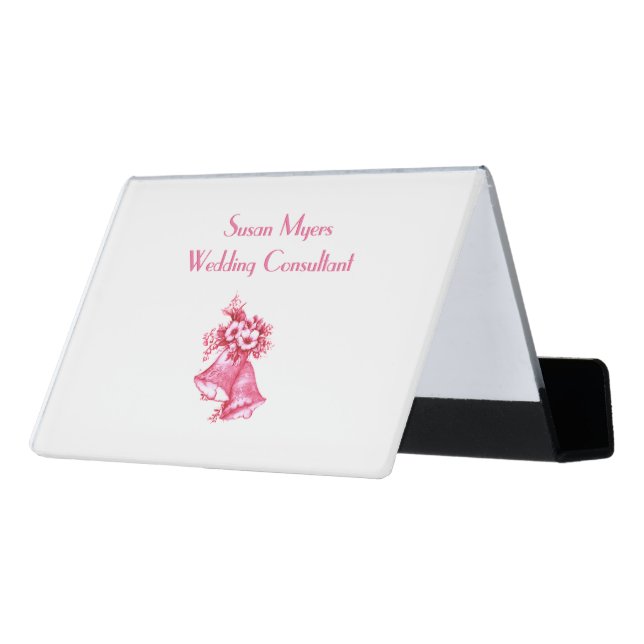 Pink Wedding Bells Desk Business Card Holder (Angled Back)
