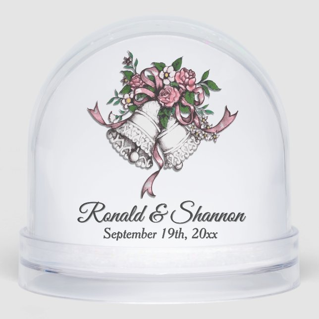 Pink Wedding Bells Names and Date Snow Globe (Front)