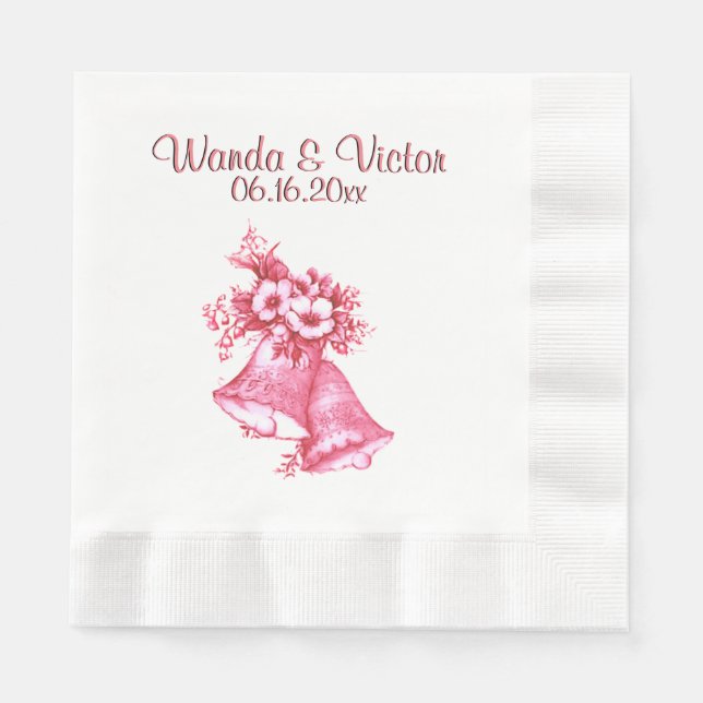 Pink Wedding Bells Personalized Paper Napkins (Front)