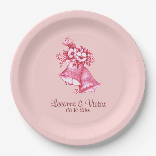Pink Wedding Bells Personalized Paper Plates (Front)