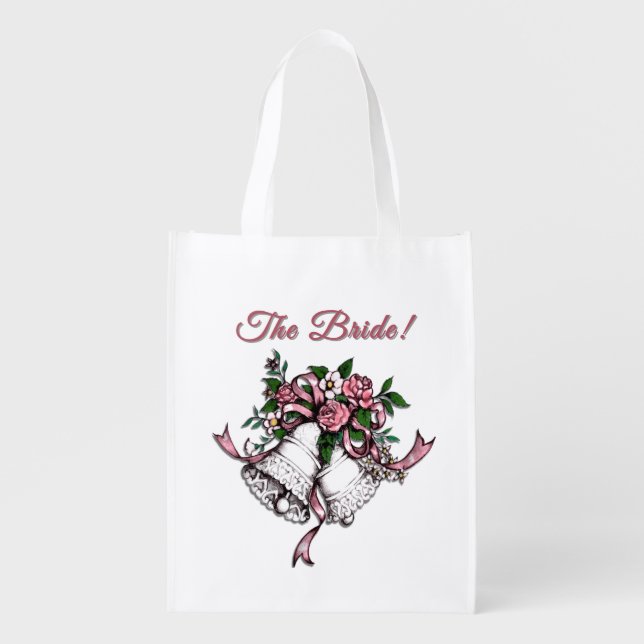 Pink Wedding Bells The Bride Grocery Bag (Front)