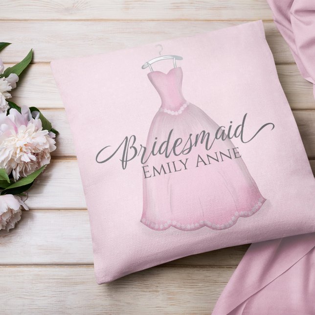 Pink Wedding Bridesmaid Watercolor Dress Throw Pillow (Creator Uploaded)