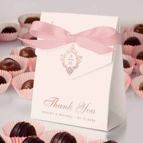 Pink Wedding Crest Monogram Rose Gold Thank You Favor Boxes