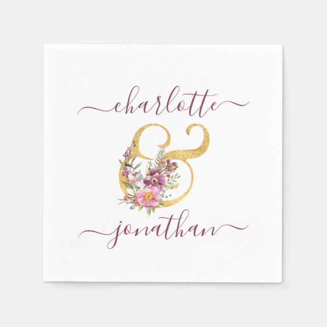 Pink Wedding Floral Gold Ampersand (&) with Names  Napkins (Front)