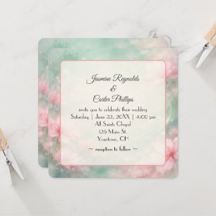 Pink Wedding Flowers On Mint Green Abstract Invitation
