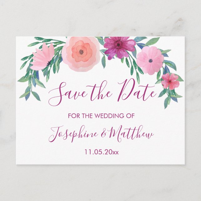 PInk Wedding Flowers Save the Date Announcement Postcard (Front)