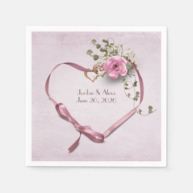 pink wedding heart ribbon with rings napkins (Front)