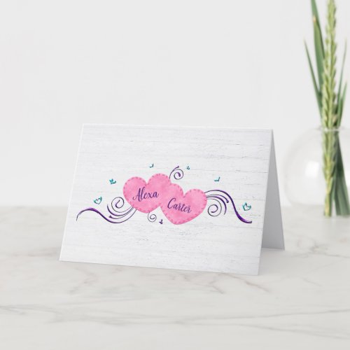 Pink Wedding Hearts With Names Thank You Card