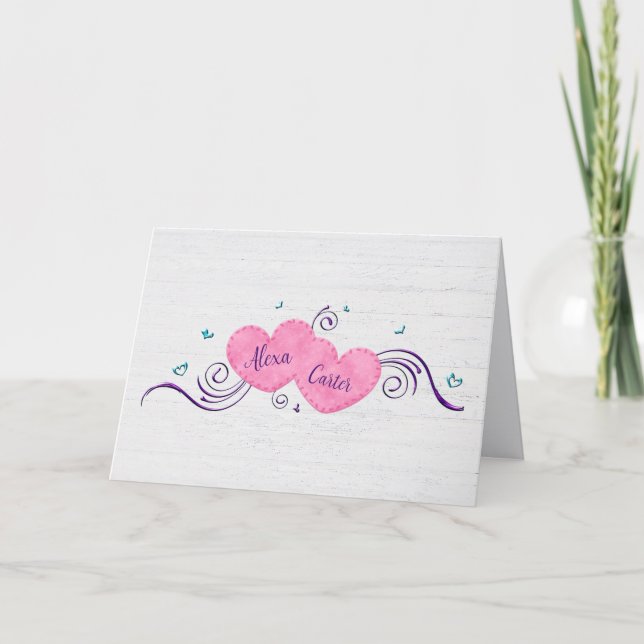 Pink Wedding Hearts With Names Thank You Card (Front)