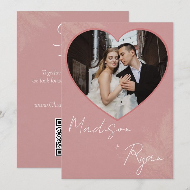 Pink Wedding Invitation with Photo and QR Code (Front/Back)