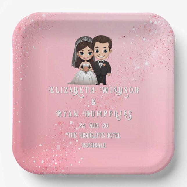 Pink Wedding Invitations with Diamond Sparkles Paper Plates (Front)