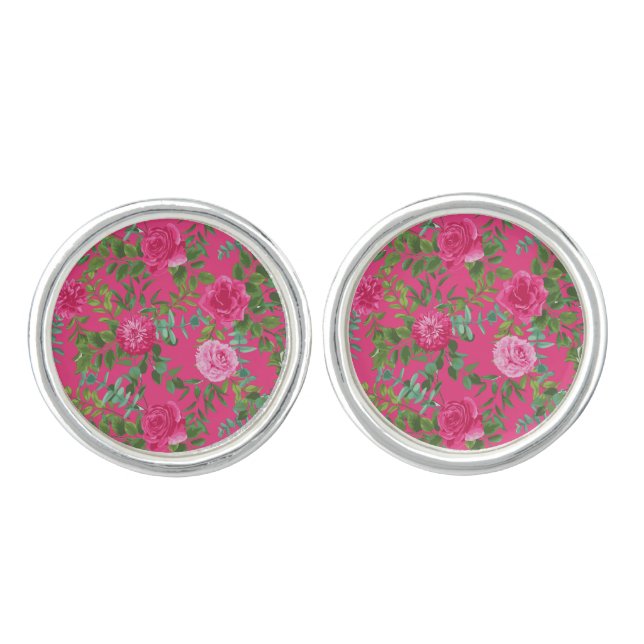 Pink Wedding Modern Floral Cufflinks (Front)