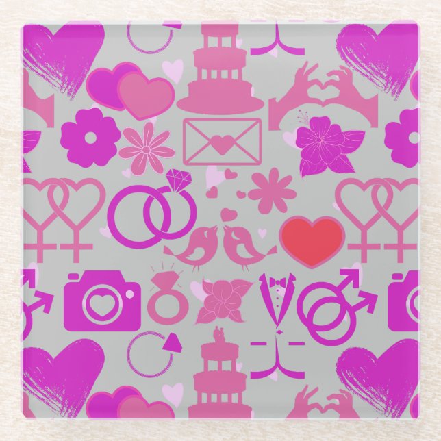 Pink Wedding ornaments pattern 03 Grey BG Glass Coaster (Front)