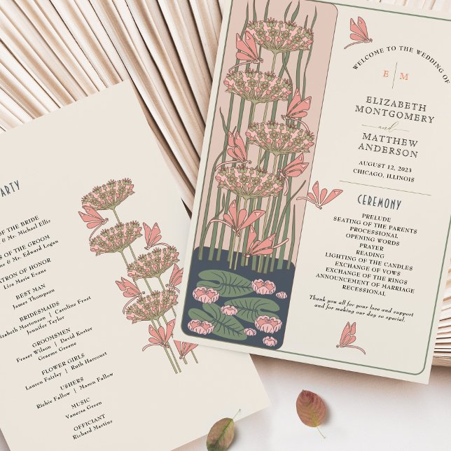 Pink Wedding Program Art Nouveau Dragonflies   (Creator Uploaded)