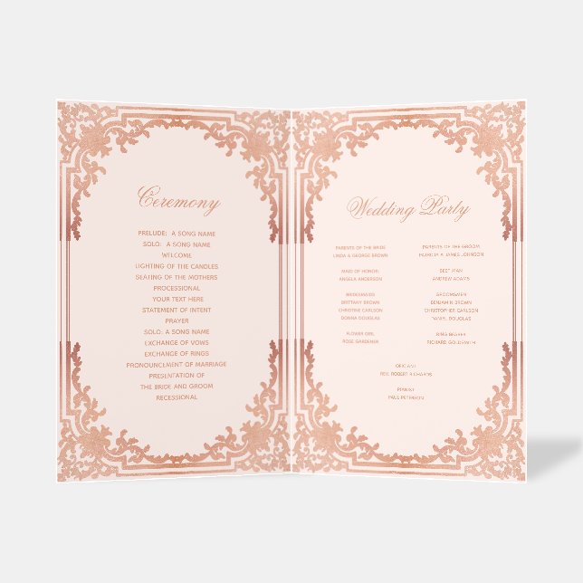 Pink Wedding Program Vintage Elegant Rose Gold Brochure (Inside Standing)