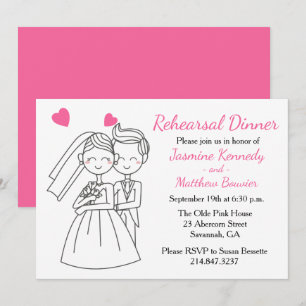 Pink Wedding Rehearsal Dinner Bride & Groom Hearts Invitation