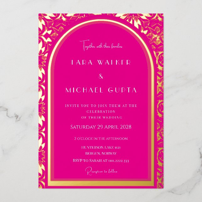 Pink Wedding (Retro-Dotted) Foil Invitation (Front)