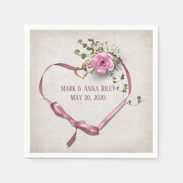 pink wedding ribbon heart with rings and rose napkins (Front)