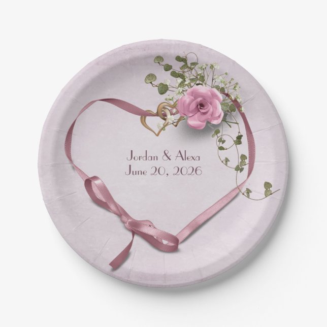 pink wedding ribbon heart with rose paper plates (Front)