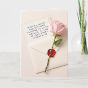 Pink Wedding Rose On a Red Wax-sealed Envelope Card