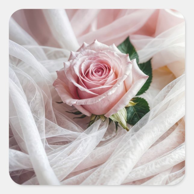 Pink Wedding Rose On Tulle Square Sticker (Front)