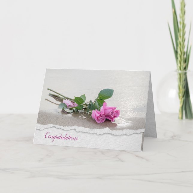 Pink Wedding Roses On Beach Card (Front)