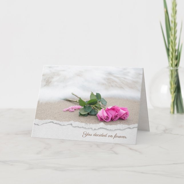 pink wedding roses on beach with torn edge border card (Front)