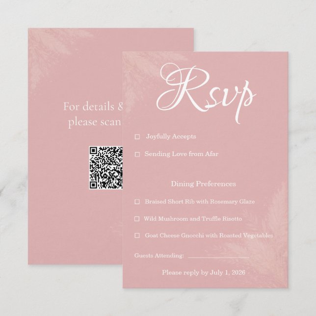 Pink Wedding RSVP Card with QR Code (Front/Back)