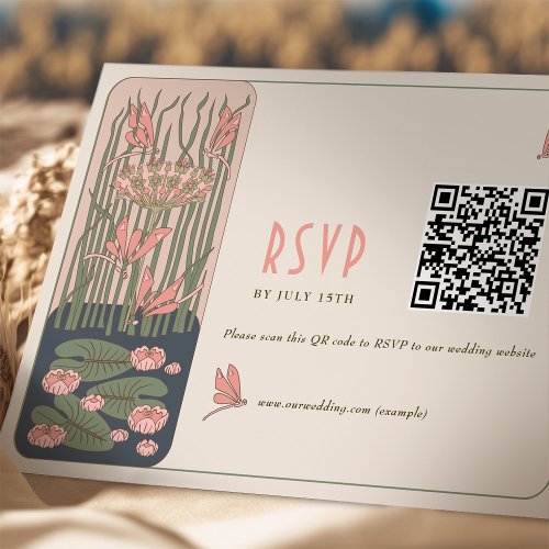 Pink Wedding RSVP QR Code Vintage Art Nouveau Invitation