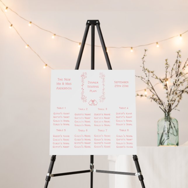 Pink Wedding Seating Chart Bells Scrollwork Foam Board (In Situ (Stand))