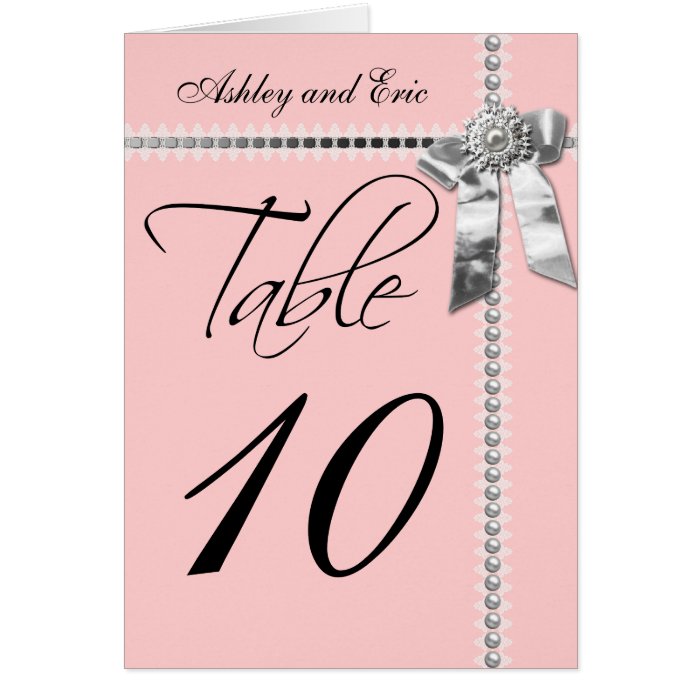 Pink Wedding Table Number Card Silver Bow Ribbon