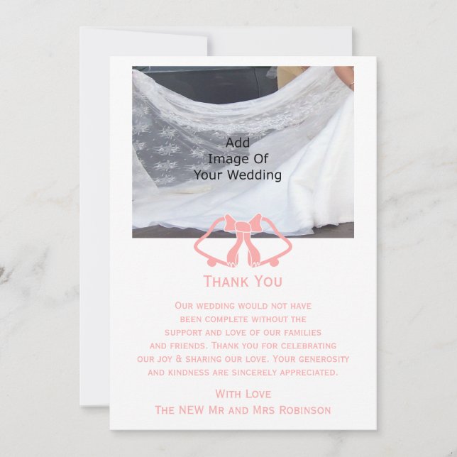 Pink Wedding Thank You Card Bells And Ribbon (Front)