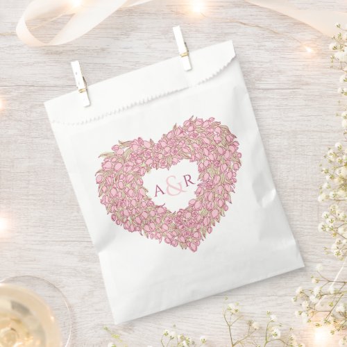 Pink wedding tulips flower heart bouquet monogram favor bag