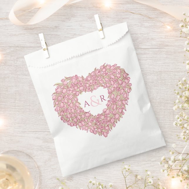 Pink wedding tulips flower heart bouquet monogram favor bag (Clipped)